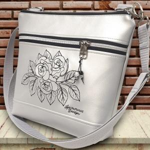 Bella crossbody oldaltáska 28x24cm - Hímzett rózsák ezüst alapon