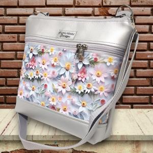 Bella crossbody oldaltáska 28x24cm - Virágok ezüst alapon