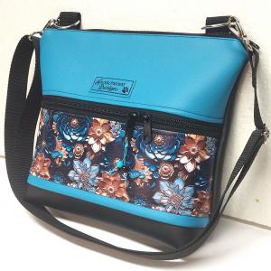 Bella crossbody oldaltáska övtáska 28x24cm - 3D virágok fekete-türkizkék