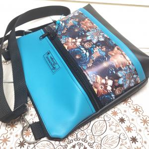Bella crossbody oldaltáska övtáska 28x24cm - 3D virágok fekete-türkizkék