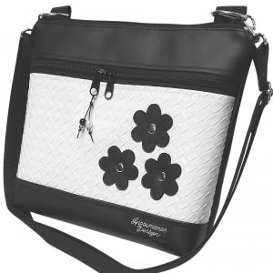 Bella crossbody oldaltáska övtáska 28x24cm - Elegáns fekete fehér applikált virágos