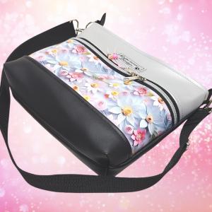 Bella Midi crossbody oldaltáska övtáska 26x21cm - Virágok ezüst-fekete alapon