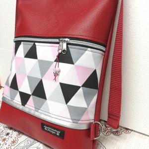 Bordó textilbőr 3in1 hátizsák oldaltáska pasztell háromszögekkel ezüst cipzárral