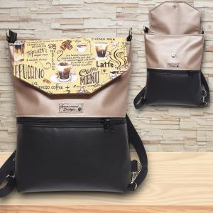 Cafe time fedélrészes 3in1 hátizsák univerzális táska fekete-púder alapon