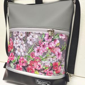 Cseresznye virágok 3in1 textilbőr hátizsák,univerzális táska,  szürke fekete alapon cordura díszítéssel