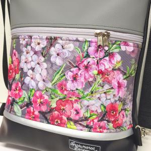 Cseresznye virágok 3in1 textilbőr hátizsák,univerzális táska,  szürke fekete alapon cordura díszítéssel