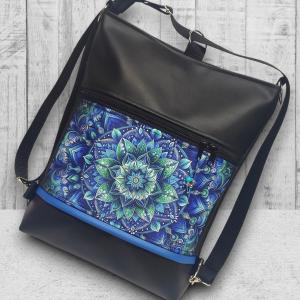 Designer kék mandalás 3in1 textilbőr hátizsák oldaltáska