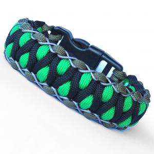 Designer túlélő paracord karkötő  biztonsági csattal DRAGON EYE STITCH fekete zöld keki (csuklóméret 19-20cm)