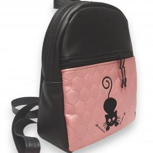 DORINA-L hátizsák - Hímzett cicás, fekete-rose, textilbőr pántokkal 33x27x10