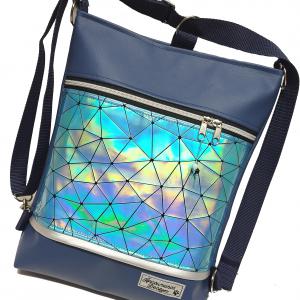 Elegáns 3in1 kék lézerhologramos textilbőr hátizsák univerzális táska tengerészkék alapon