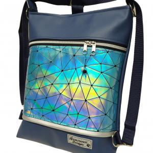 Elegáns 3in1 kék lézerhologramos textilbőr hátizsák univerzális táska tengerészkék alapon