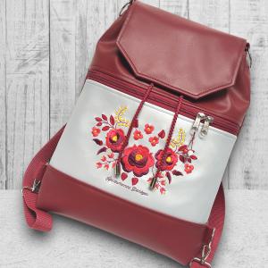 Fedélrészes zsinóros 3in1 hátizsák univerzális táska Burgundy-ezüst - Hímzett Hungarian Folkart12b