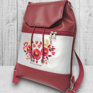 Fedélrészes zsinóros 3in1 hátizsák univerzális táska Burgundy-ezüst - Hímzett Hungarian Folkart12b