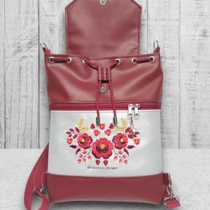 Fedélrészes zsinóros 3in1 hátizsák univerzális táska Burgundy-ezüst - Hímzett Hungarian Folkart12b