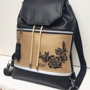 Fedélrészes zsinóros 3in1 hátizsák univerzális táska - Hímzett FantasyFlower007 fekete-óarany