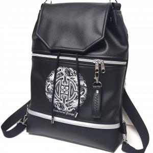 Fedélrészes zsinóros 3in1 hátizsák univerzális táska - Hímzett Kelta nap mandalás fekete-fehér