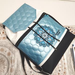 Fedélrészes zsinóros 3in1 hátizsák univerzális táska - Hímzett Mandala002 fekete-fehér-acélkék