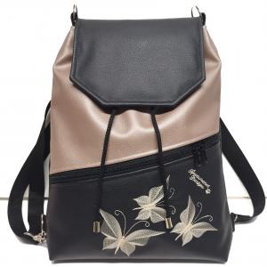 Fedélrészes zsinóros 3in1 hátizsák univerzális táska - Hímzett pillangók fekete-gyöngyházpúder