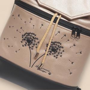 Fedélrészes zsinóros 3in1 hátizsák univerzális táska - Hímzett pitypangok Fekete-gyöngyházpúder