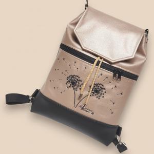 Fedélrészes zsinóros 3in1 hátizsák univerzális táska - Hímzett pitypangok Fekete-gyöngyházpúder