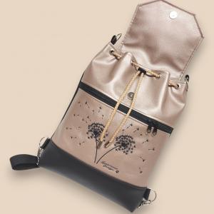 Fedélrészes zsinóros 3in1 hátizsák univerzális táska - Hímzett pitypangok Fekete-gyöngyházpúder