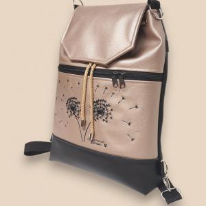 Fedélrészes zsinóros 3in1 hátizsák univerzális táska - Hímzett pitypangok Fekete-gyöngyházpúder