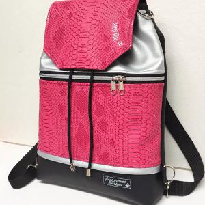 Fedélrészes zsinóros 3in1 hátizsák univerzális táska - Pink hüllő - fekete - ezüst