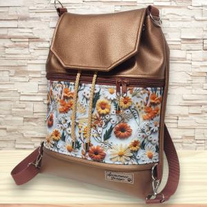 Fedélrészes zsinóros 3in1 hátizsák univerzális táska - Színpompás virágok bronz barna alapon