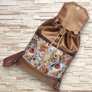 Fedélrészes zsinóros 3in1 hátizsák univerzális táska - Színpompás virágok bronz barna alapon