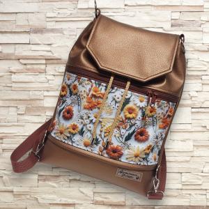 Fedélrészes zsinóros 3in1 hátizsák univerzális táska - Színpompás virágok bronz barna alapon
