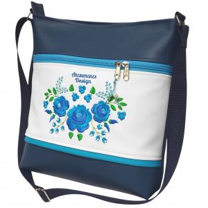 Hímzett 30x30-as pakolós kalocsai virágos válltáska oldaltáska kék-fehér-türkiz HungarianFolkart12