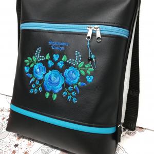 Hímzett 3in1 hátizsák univerzális táska HungarianFolkart12 fekete alap türkíz hímzéssel
