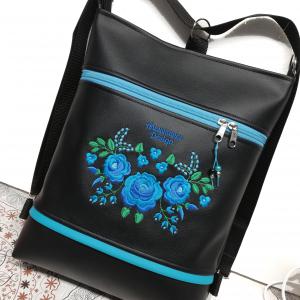 Hímzett 3in1 hátizsák univerzális táska HungarianFolkart12 fekete alap türkíz hímzéssel