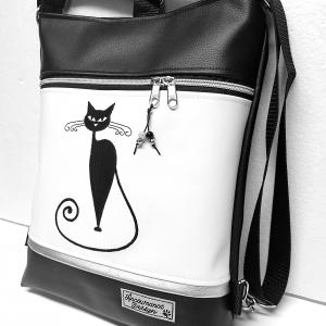 Hímzett cicás 3in1 hátizsák univerzális táska fekete-fehér-ezüst