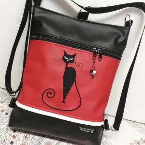 Hímzett cicás 3in1 hátizsák univerzális táska fekete-piros
