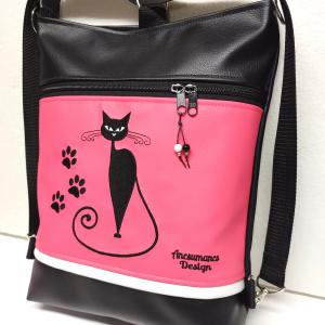 Hímzett cicás tappancsos 3in1 hátizsák univerzális táska fekete-élénk rózsaszín