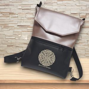 Hímzett csipke mandalás fedélrészes 3in1 hátizsák univerzális táska fekete-púder