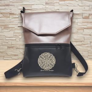 Hímzett csipke mandalás fedélrészes 3in1 hátizsák univerzális táska fekete-púder