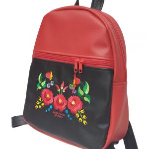 Hímzett DORINA-L hátizsák - Hungarian Folkart 30 - textilbőr pántokkal fekete-piros 33x27x10