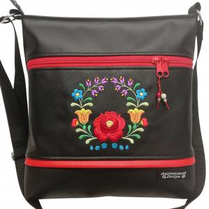 Hímzett kalocsai virágos 30x30-as pakolós táska szett fekete HungarianFolkart05 neves pénztárcával