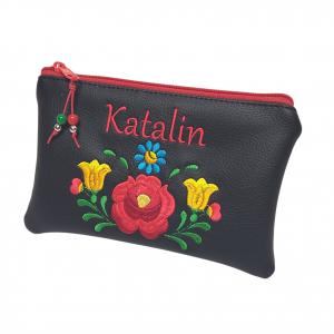 Hímzett kalocsai virágos 30x30-as pakolós táska szett fekete HungarianFolkart05 neves pénztárcával
