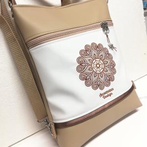 Hímzett mandalás 3in1 hátizsák univerzális táska drapp-fehér(mandala002)