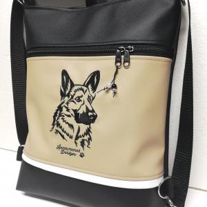 Hímzett németjuhász kutya 3in1 női hátizsák divattáska oldaltáska drapp-fekete