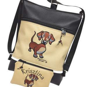 Hímzett tacskó kutyus 3in1 női hátizsák oldaltáska neves pénztárcával drapp-fekete