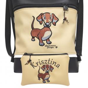 Hímzett tacskó kutyus 3in1 női hátizsák oldaltáska neves pénztárcával drapp-fekete