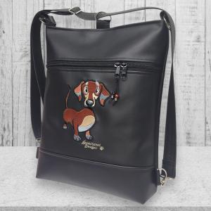 Hímzett tacskó kutyus fekete alapon 3in1 női hátizsák divattáska oldaltáska
