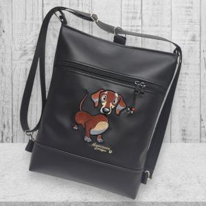 Hímzett tacskó kutyus fekete alapon 3in1 női hátizsák divattáska oldaltáska