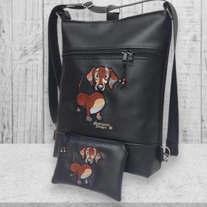 Hímzett tacskó kutyus fekete alapon 3in1 női hátizsák oldaltáska neszivel