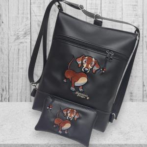 Hímzett tacskó kutyus fekete alapon 3in1 női hátizsák oldaltáska neszivel