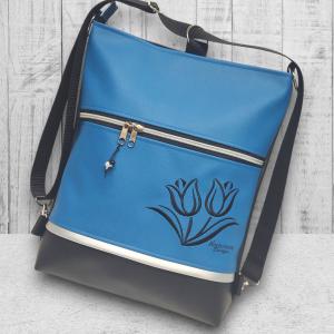 Hímzett tulipános 3in1 hátizsák univerzális táska fekete-kék